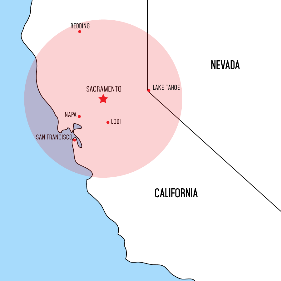 Service area map with a radius of the area serviced