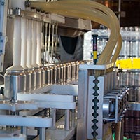 Fill heads on the canning line pouring beer with a good head of foam